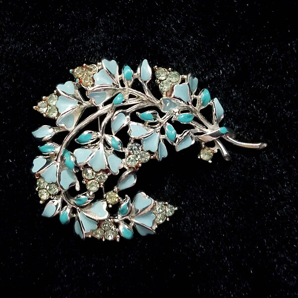 Vintage Blue Enamel & Rhinestone Brooch On Silver Toned Base Metal. Branches Of Leaves.