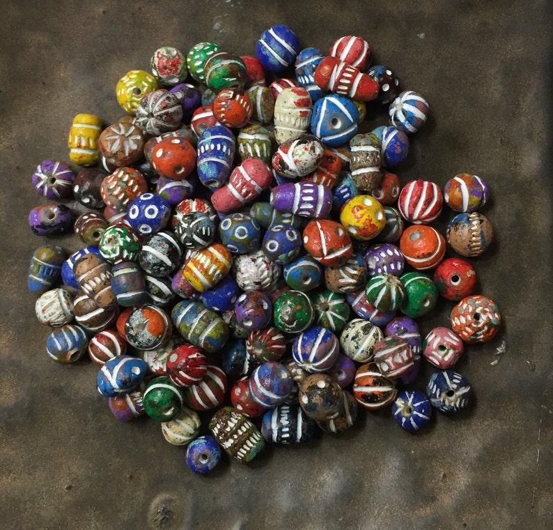 14 inches about 26 grams 26 grams Small Craved Clay Beads 5mm to 12mm stringing length Hand painted colorful to neutral tones