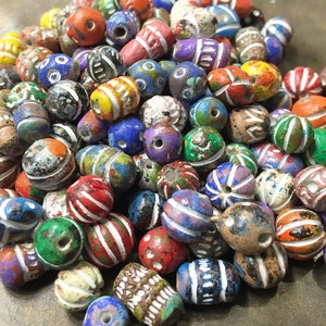 14&quot; Hand Craved & Painted Clay Beads, colorful neutral tones, India terracotta bead mix Jewelry making supply necklace bracelet earring hemp