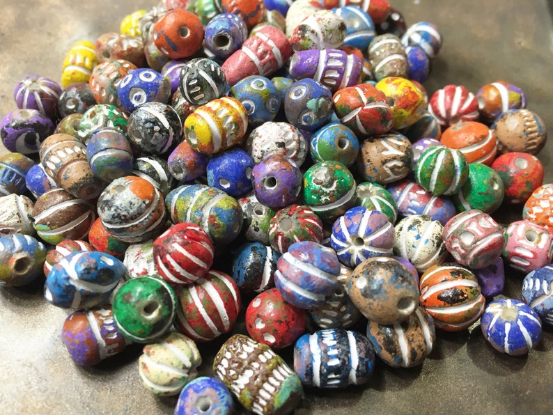 14 inches about 26 grams 26 grams Small Craved Clay Beads 5mm to 12mm stringing length Hand painted colorful to neutral tones