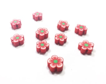 10 Clay flower beads. Red Flower beads with green centers. Polymer clay beads for jewelry and crafts
