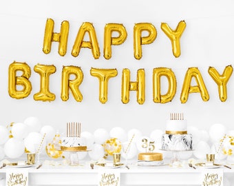 Gold Happy Birthday Balloon Letters with 14" Balloons, Birthday Ballon Kit Includes 13 Mylar Balloons