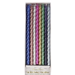 Metallic Twisted Candles, Set of 16 Meri Meri Multi-Colored Birthday Candles, 8 Shimmering Colors