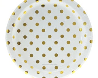 Gold Foil Polka Dot Party Plates, Set of 12 Gold Foil Dot Circle Plates, Great for Birthday Parties or Showers!