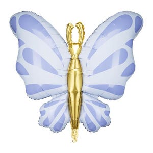 May include: A purple and gold foil butterfly balloon. The balloon is shaped like a butterfly with wings and a body. The wings are purple with white accents and the body is gold.