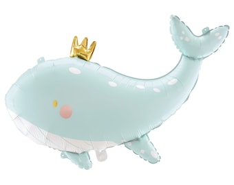 Whale Balloon, Large Mylar Blue Whale Balloon, 30&quot; Long with Gold Foil Crown