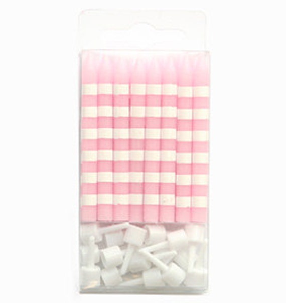 Light Pink Birthday Candles with White Stripes, Set of 16 Birthday Candles with Holders, Perfect for a pink birthday party