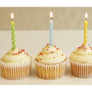 K&ouml;nnte beinhalten: F&uuml;nf Cupcakes mit wei&szlig;em Frosting und bunten Streuseln, die mit brennenden Kerzen verziert sind. Die Kerzen sind gr&uuml;n, blau, rosa und gelb mit wei&szlig;en Punkten.