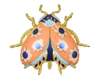 Ladybug Balloon, Mylar 34&quot; Lady Bug Balloon with Gold Foil Details, Inflate with Helium or With a Straw (straw included)