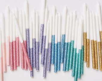 Multicolor Glitter Dipped Candles,  Set of 16 Large White Birthday Candles Dipped in Sparkling Glitter