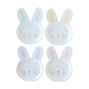 May include: Four white paper plates shaped like bunny rabbits with different colored gingham ears. The ears are blue, yellow, pink, and purple.