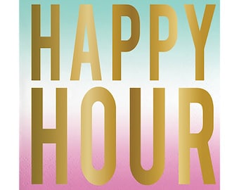 Happy Hour Cocktail Napkins, Set of 20 Pink and Mint Paper Napkins with Gold Foil Text