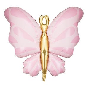 May include: A pink and gold butterfly shaped foil balloon. The balloon has a pink and white patterned design on the wings and a gold body.