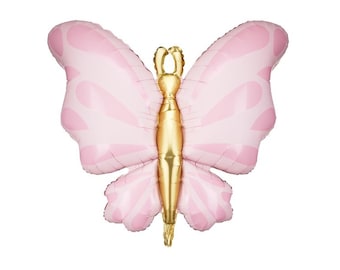 Pink Butterfly Balloon, 27" Butterfly Balloon with Gold Foil Details and Hooks to Hang, Inflate with Helium or With a Straw
