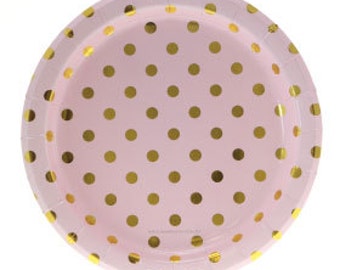 Pink Party Plates with Gold Polka Dots, Set of 12 Pink and Gold Paper Plates, 9" x 9"