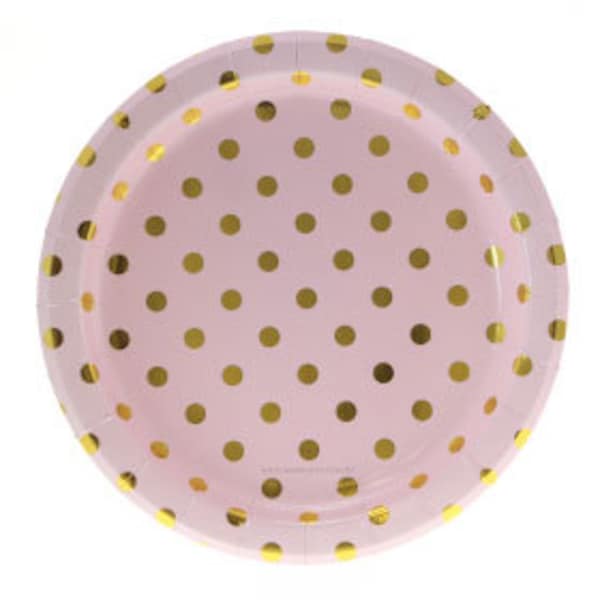 Pink Party Plates with Gold Polka Dots, Set of 12 Pink and Gold Paper Plates, 9" x 9"