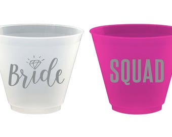 Bride Squad Plastic Wine Cups - 1 White "Bride" Cup and 7 Bright Pink "Squad" Cups - Bachelorette Party Wine Cups