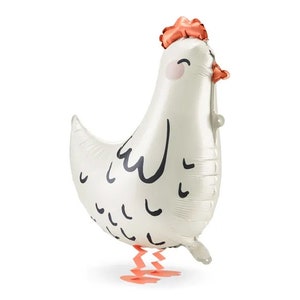 Standing White Chicken Balloon, 17&quot; Tall White Hen Mylar Balloon, Self-Inflate with a Straw, Cute Farm Party Decor!