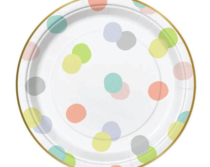 Pastel Polka Dot Party Plates With Gold Foil, Set of 8 Polka Dot Paper