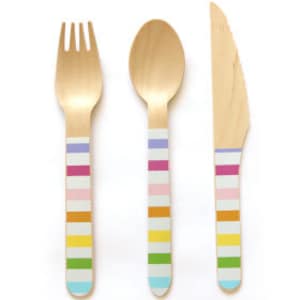 May include: A set of three wooden utensils with colorful striped handles. The set includes a fork, spoon, and knife.