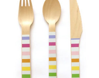 Rainbow Wooden Cutlery, Set of 24 Rainbow Stripe Wooden Forks, Spoons or Knives, The perfect touch for any rainbow-themed party!