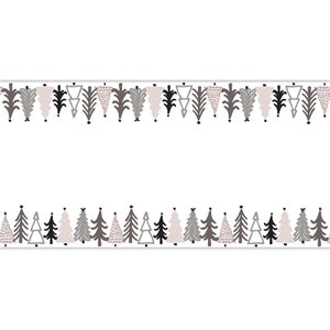 May include: A repeating pattern of stylized Christmas trees in shades of gray, black, and blush pink. The trees are arranged in two rows, creating a border design against a white background. Some trees have star accents.