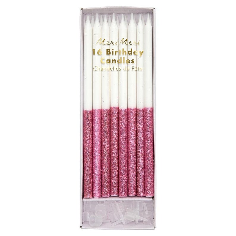 Dark Pink Glitter Dipped Candles Set of 16 Tall White Birthday Candles Dipped in Sparkling Dark Pink Glitter