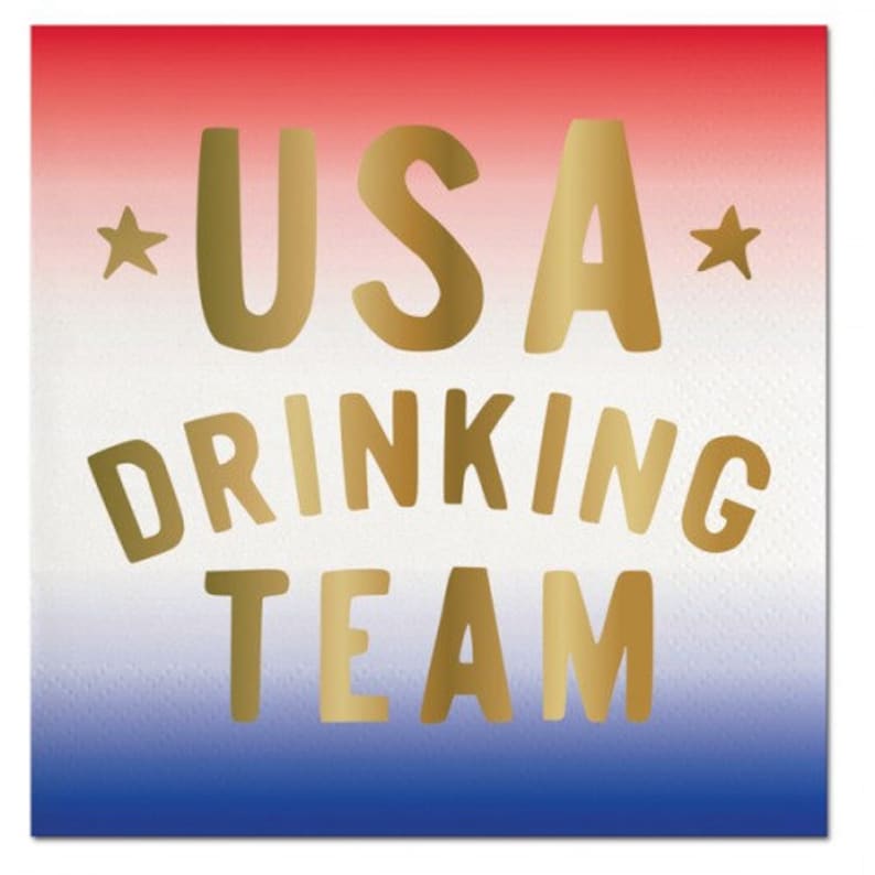 USA Drinking Team Napkins White and Blue Cocktail Napkins with Gold Foil Text Great for a 4th of July Party! Set of 20 Red