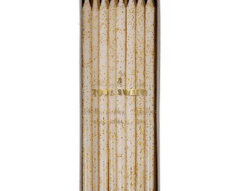 Meri Meri Tall Gold Glitter Candles - Set of 24 Large Ivory Birthday Candles Embellished with Gold Glitter