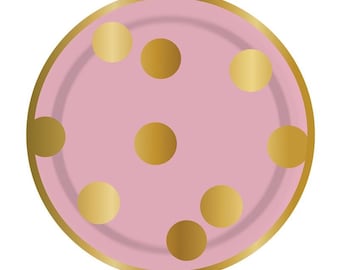 Pink & Gold Foil Polka Dot Small Party Plates, Set of 8 Slant Collections Pastel Pink and Gold Small Paper Plates