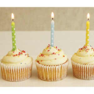 K&ouml;nnte beinhalten: Cupcakes mit Vanille-Frosting und bunten Streuseln, jeweils mit einer brennenden Kerze gekr&ouml;nt. Die Kerzen sind in verschiedenen Farben: gr&uuml;n, blau, gelb und rosa. Einige Cupcakes stehen auf einer wei&szlig;en Tortenplatte, andere auf einer wei&szlig;en Oberfl&auml;che.