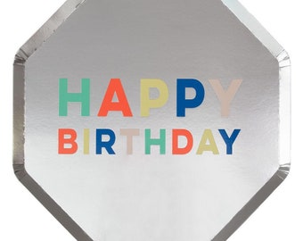 Happy Birthday Silver Dinner Plates, Set of 8 Large Silver Foil Paper Plates with Colorful Happy Birthday Text, 10" x 10"