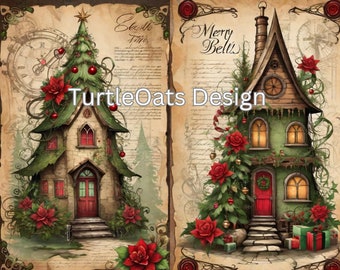 Puede incluir: Dos ilustraciones de casas de Navidad con una estética vintage. Las casas están decoradas con árboles de Navidad, poinsettias rojas y regalos. El texto "Glade Time" y "Merry Bells" está escrito en las ilustraciones.