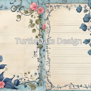 May include: A vintage-style printable journal page with a blue and white floral border. The page has lined paper and the text "TurtleOats Design" in the center.