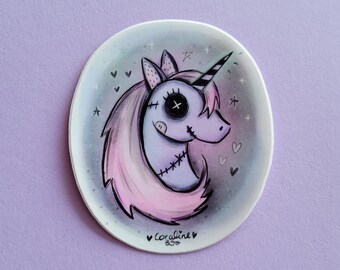 Autocollant en vinyle, autocollant illustration licorne zombie , creepy cute zombie unicorn, frankenstein