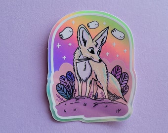 Autocollant en vinyle, autocollant illustration petit renard fennec avec fantômes, avec fond holographique