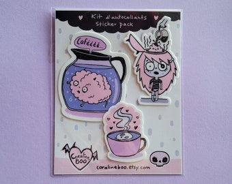 Kit de 3 autocollants en vinyle die-cut, thème caféééé, illustrations par Coraline Boo, sticker pack, café, tasse, carafe