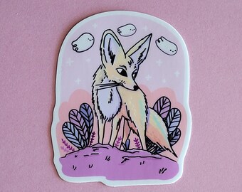 Autocollant en vinyle, autocollant illustration fennec dans le désert avec des petits fantômes