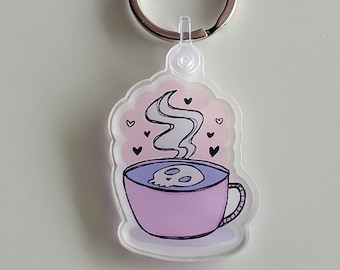 Porte-clé en acrylique avec illustration tasse de café, porte-clé avec illustration d'un café latté avec tête de mort en mousse de lait