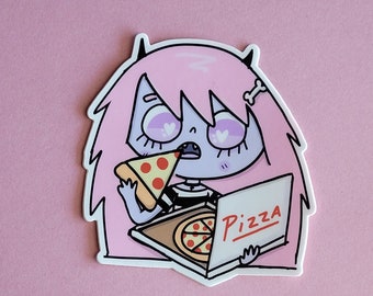 Autocollant en vinyle, autocollant illustration Coraline qui mange de la pizza