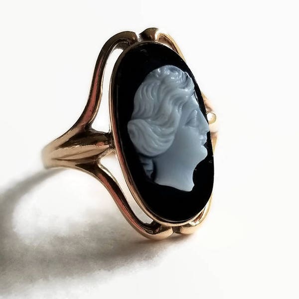 10K Gold Cameo Ring - Baskin Bros - Carved Hard Stone Black Sardonyx Cameo - Size 6.5 - Gift for Her