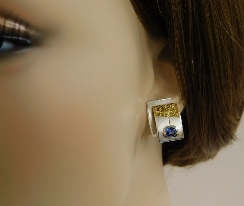 Gift for Her 970 Silver 23K Gold Silver and Gold Earrings with Bicolor Sapphires Artisan Made