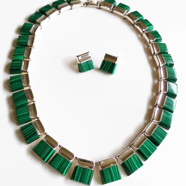 Taxco Malachite Sterling Silver Necklace and Earrings Set ~ Demi Parure ~ Choker Length ~ Spectacular Gift for Her