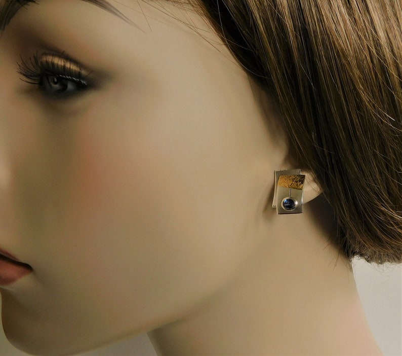 Gift for Her 970 Silver 23K Gold Silver and Gold Earrings with Bicolor Sapphires Artisan Made