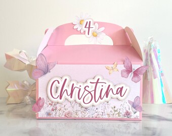Floral butterfly 3D party favour box, personalised treat bag for kids birthday parties, girly pastel pink theme