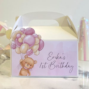 Baby pink teddy party favour box, personalised goody treat bag for kids birthdays, baby showers, Christenings or baptisms