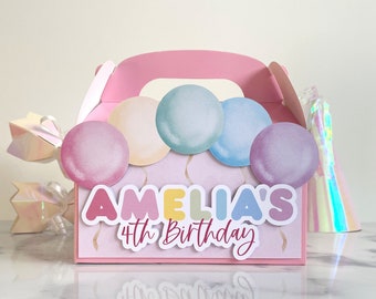Pastel balloon 3D party favour box, personalised treat bag for kids birthday parties, girly pink rainbow theme