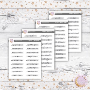 May include: Four sheets of printable planner stickers with gray and white stripes. The stickers feature handwritten script labels for common planner tasks, such as "work", "today", "meeting", "important", "day off", "to do", "errands", "bill due", "homework", "reminder", "paper", "tasks", "study", "habits", "custom", and "no school".