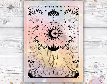 May include: A printable digital download of a celestial themed dashboard with a sun, moon, stars, and a moth. The background is a watercolor gradient of pink, orange, and yellow. The text "FOILED DASHBOARD" is at the bottom of the image.