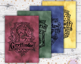 May include: Four printable Harry Potter house crests, each with a different house crest and color: Gryffindor (red), Slytherin (green), Hufflepuff (yellow), and Ravenclaw (blue).